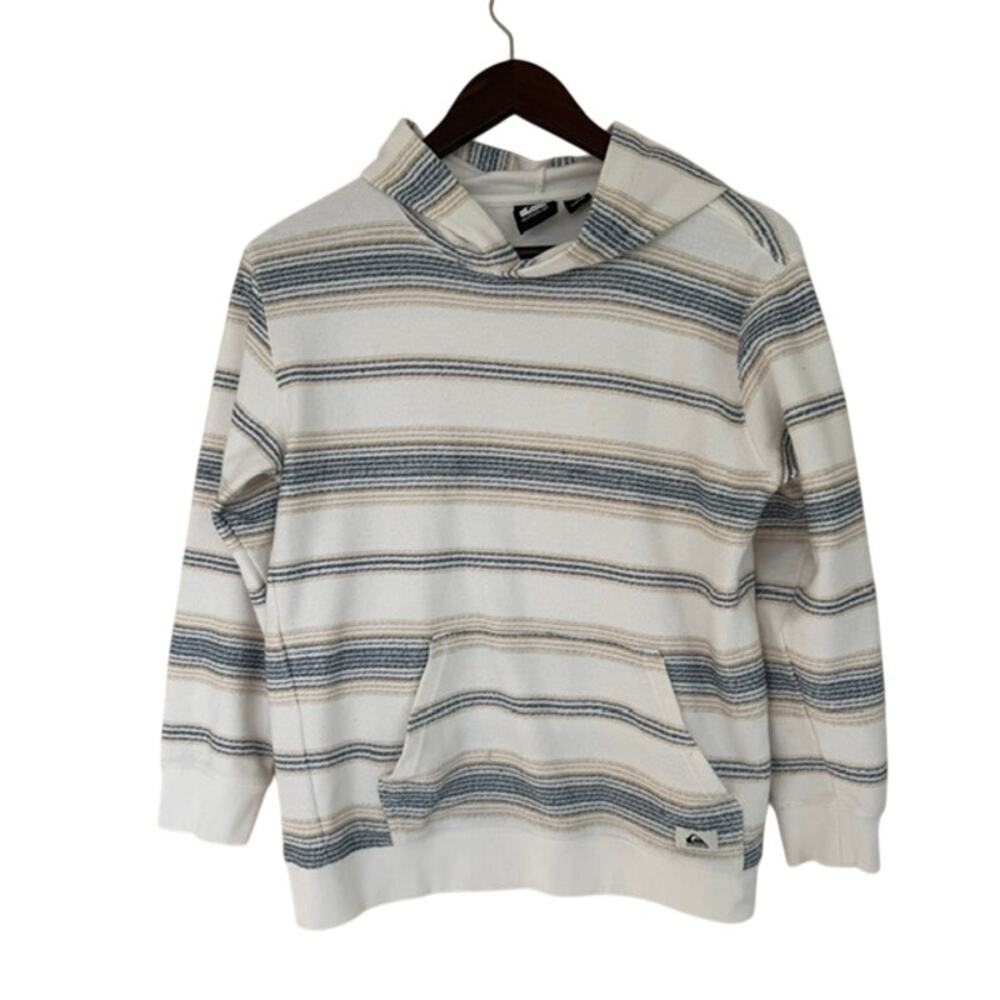 Quiksilver White and Blue Striped Pullover Hoodie - Youth size Large 14/16